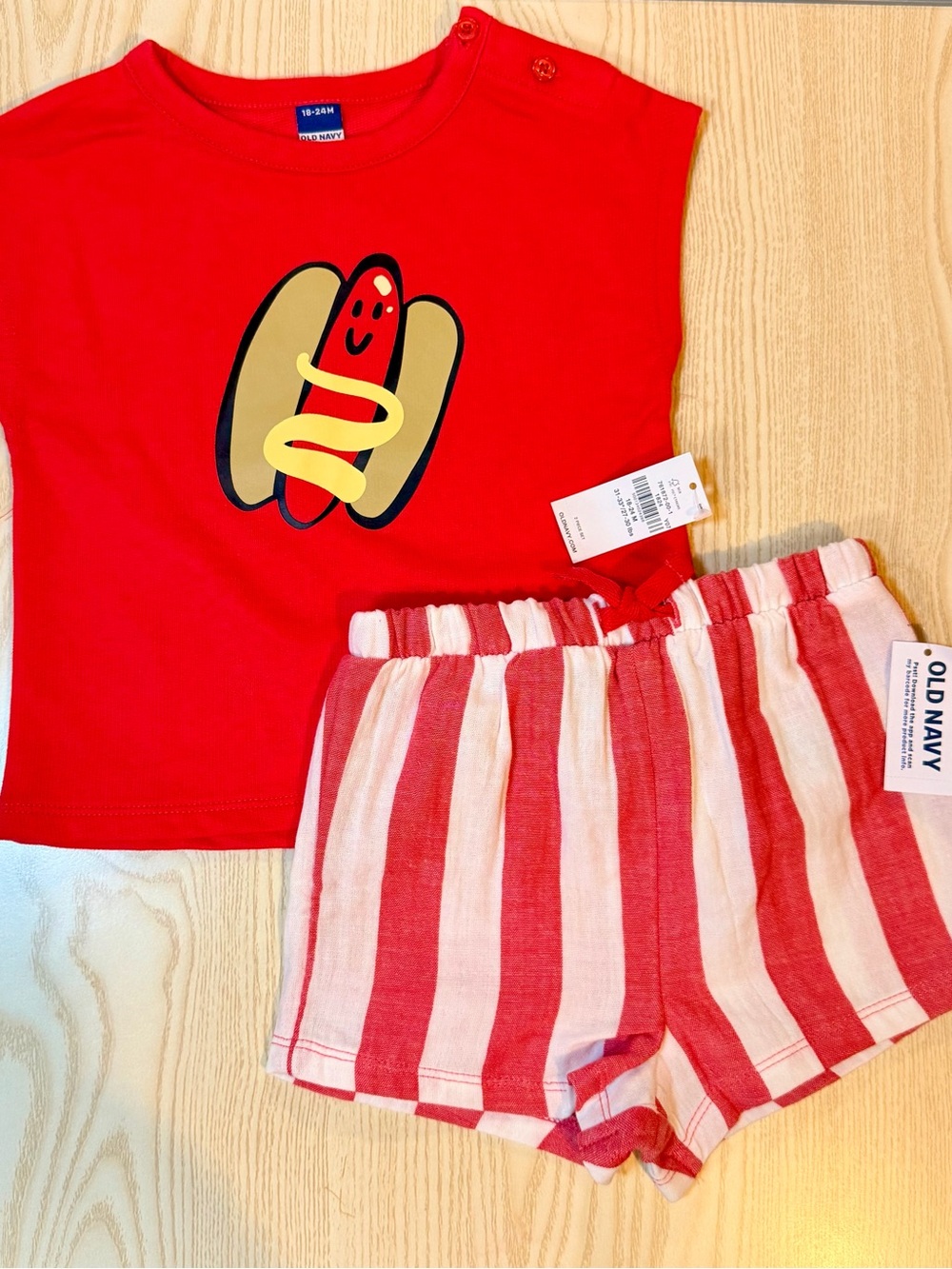NWT Old Navy Red Graphic Hot Dog Tee and Short Set 18-24 months